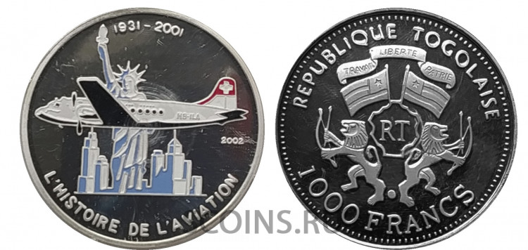 Того 1000 франков 2002 История Авиации - США - 1931-2001 