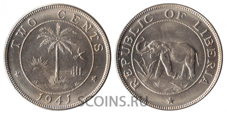 Либерия  2 цента 1941 UNC