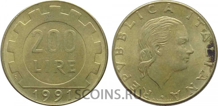 Италия 200 лир 1991