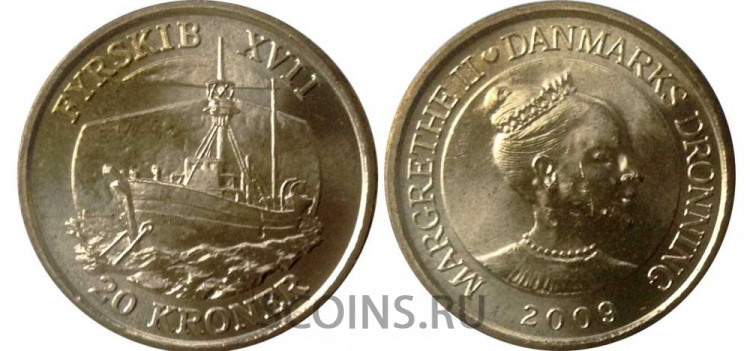 Дания 20 крон 2009 "Датские корабли: Плавучий маяк XVII (Fyrskib XVII)"