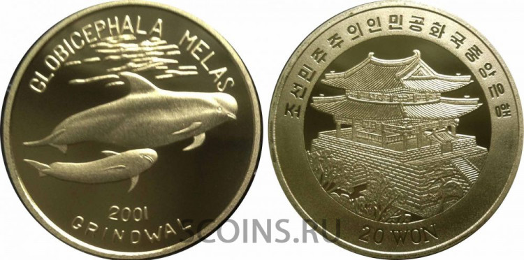 КНДР 20 вон 2001 "Круглоголо́вый кит (лат. Globicephala melas)"