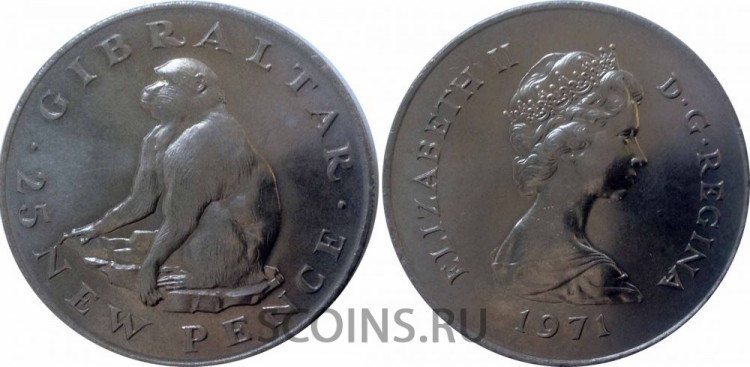 гибралтар6l.jpg Гибралтар 25 новых пенсов 1971 "Обезьяна Барбари"