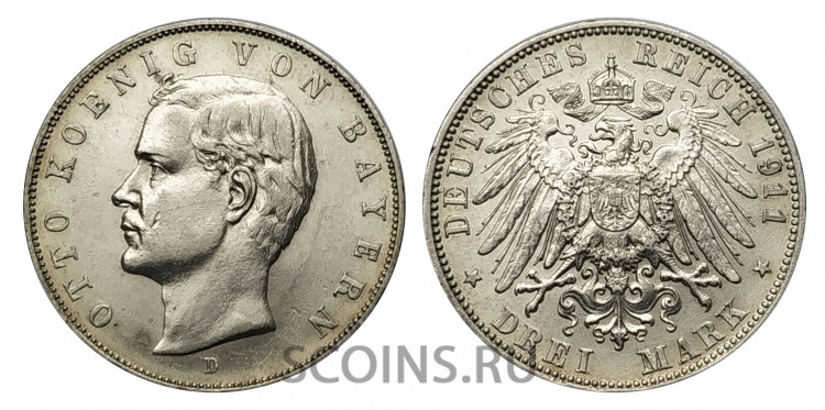 Германия (Бавария) 3 марки 1911  Король Баварии Отто Вильгельм Луитпольд Адальберт Вольдемар.  Серебро 900