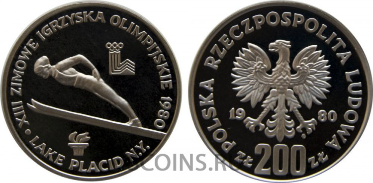 Польша 200 злотых 1980 "Олимпийские игры в  в Лейк-Плэсид" (с факелом)пруф