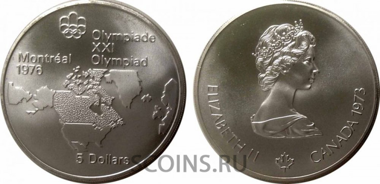 Канада 5 долларов 1973 XXI летние Олимпийские Игры, Монреаль 1976 - Карта Канады