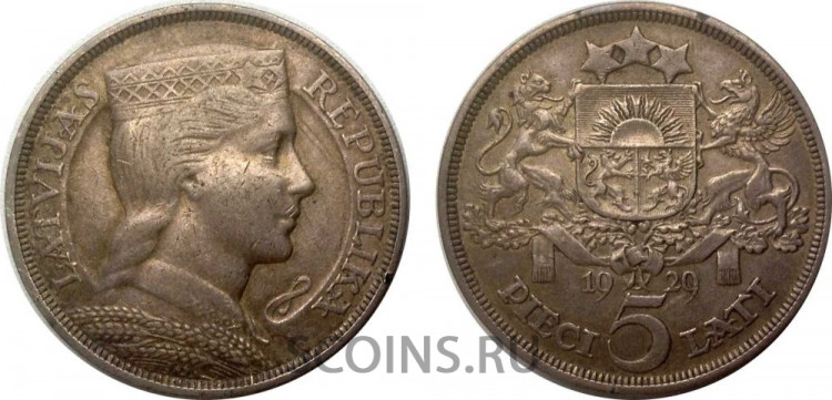 Латвия 5 лат 1929 Серебро 