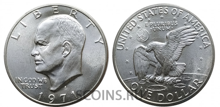 США 1 доллар 1971 (Лунный доллар) - S - Дуайт Эйзенхауэр. Серебро 400 США 1 доллар 1971 (Лунный доллар) - S - Дуайт Эйзенхауэр. Серебро 400