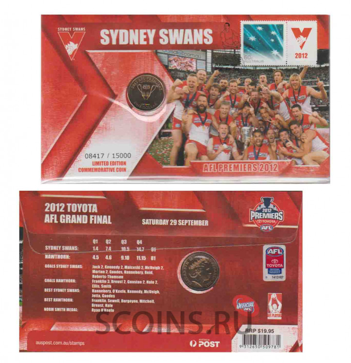 Австралия 1 доллар 2012 Австралийская футбольная лига (АФЛ) - победитель - Sydney swans - Сиднейские лебеди