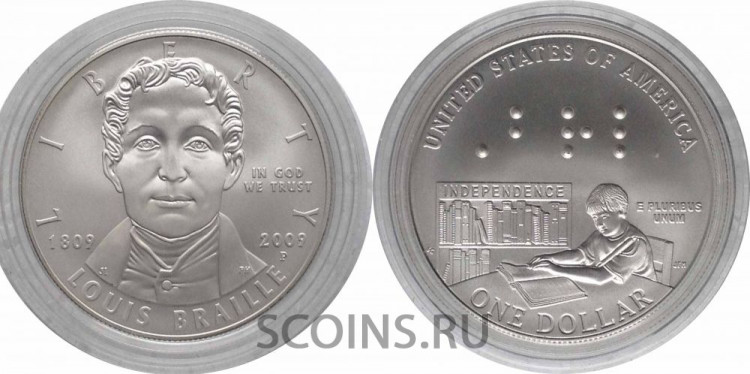 США 1 доллар 2009 "200 лет со дня рождения Луи Брайля" (АЦ)