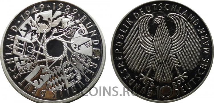 Германия  10 марок 1989 40-летие образования ФРГ. proof 