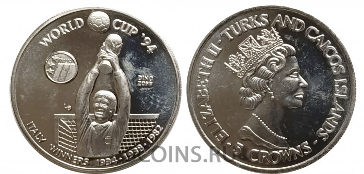 Тёркс и Кайкос 5 крон 1993 Чемпионат мира по футболу 1994 - Италия чемпион 1934, 1938, 1982