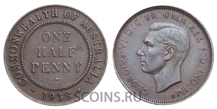 Австралия 1\2 (one half penny) пенни 1938 