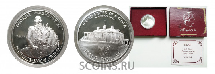 США 50 центов 1982 (half dollar) 250 лет Вашингтону - s - proof - коробка
