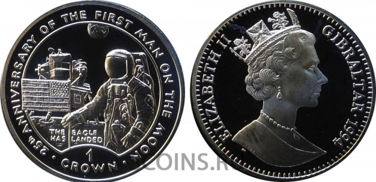 Гибралтар 1 крона 1994 Серебро proof "25-летие первой высадки человека на Луне"