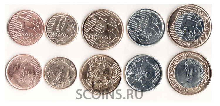 Бразилия набор из 5 монет 5, 10, 25 и 50 сентаво, 1 реал 2019–2025 гг. 