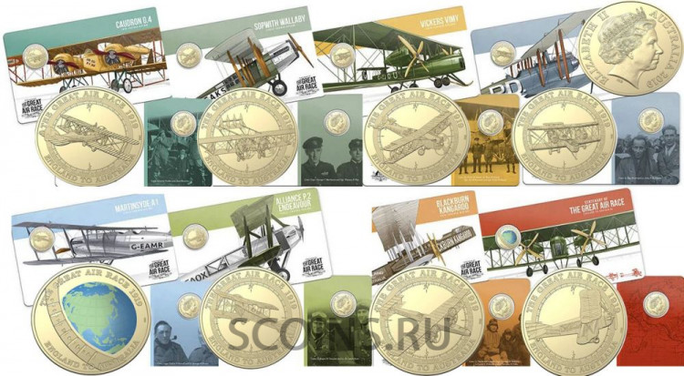 Австралия набор из 8 монет - 1 доллар 2019 Великая воздушная гонка 1919 (England to Australia flight) (открытки)