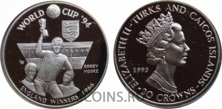 Острова Тёркс и Кайкос  20 крон 1994  "Чемпионат мира по футболу в США Англия победитель 1964 Бобби Мур" Серебро  