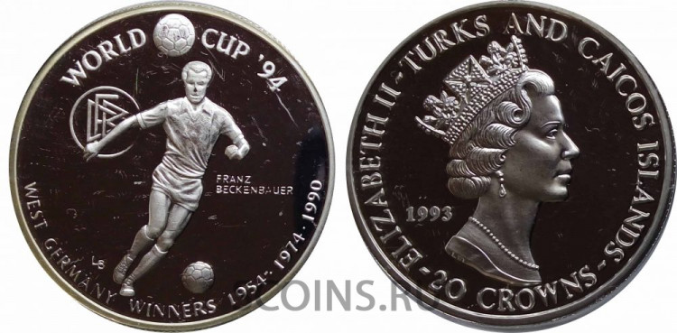 Острова Тёркс и Кайкос  20 крон 1994  "Германия победитель чемпионатов по футболу 1954-74-90" Серебро 