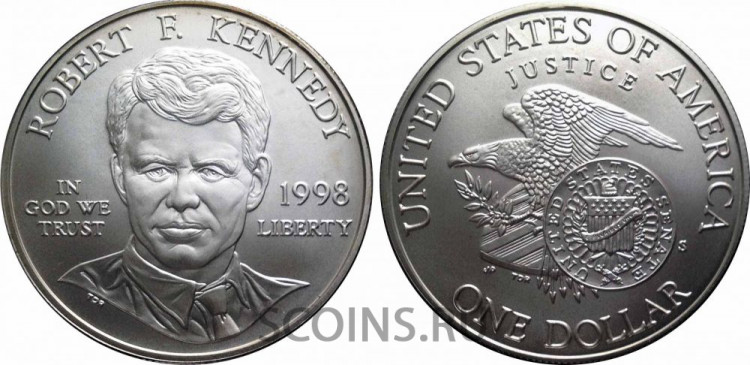 США 1 доллар 1998 30-летие гибели Роберта Фрэнсиса Кеннеди. Серебро