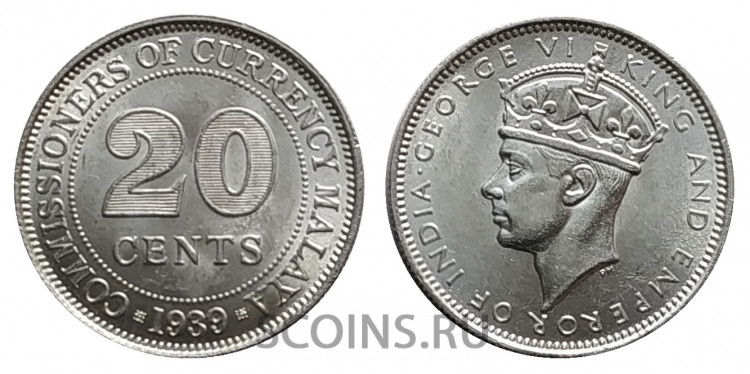 Британская Малайя 20 центов 1939 (UNC) 