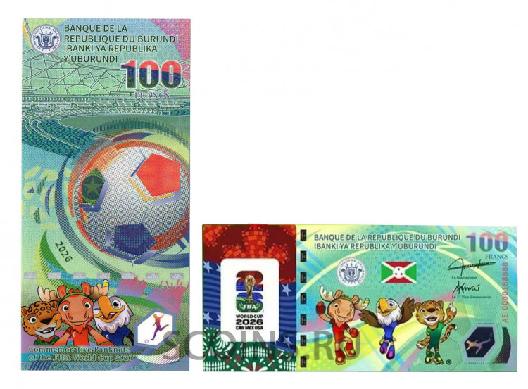 Бурунди 100 франков 2026 г ЧМ Футбол, полимер, UNC