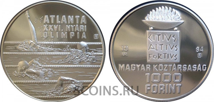 Венгрия 1000 форинтов 1994 Олимпийские игры в Атланте 1996 - Плаванье 