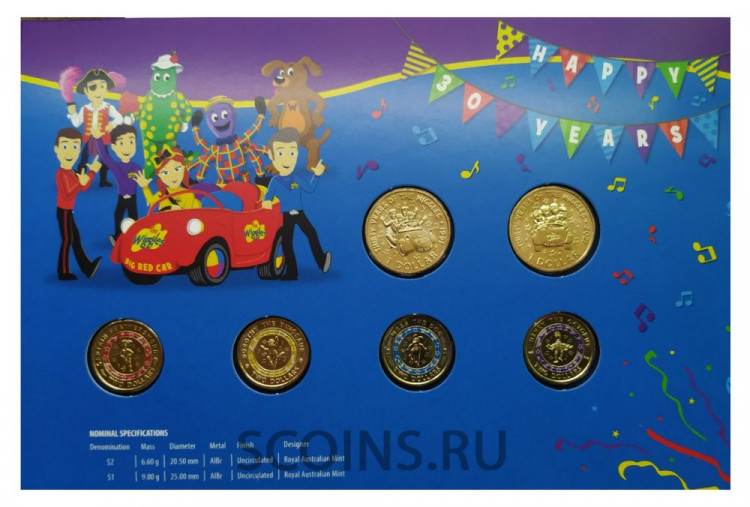 Австралия набор 2 доллара и 1 доллар  2021 30 лет музыкальной группе Wiggles /Динозавр Дороти/ набор
