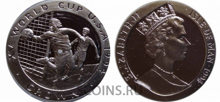 Остров Мэн 1 крона 1994 "Чемпионат мира по футболу в США - вратарь ловит мяч" (Серебро) 