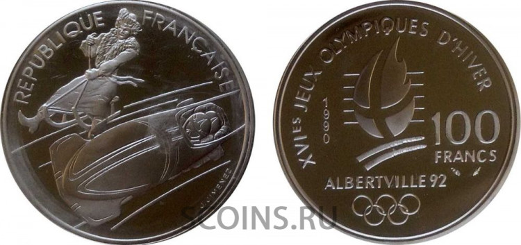 Франция 100 франков 1990 "XVI зимние Олимпийские игры в Альбервиле. Бобслей"