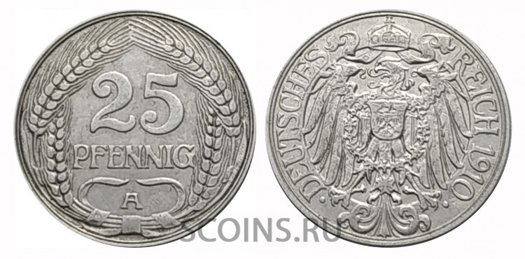 Германия  25 пфеннигов 1910 А 