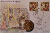 Гибралтар 50 пенсов 1992 Рождество (Christmas) (конверт)