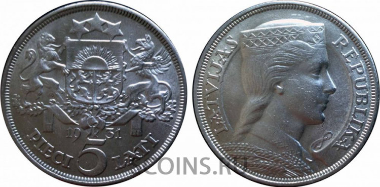 Латвия 5 лат 1931 Серебро