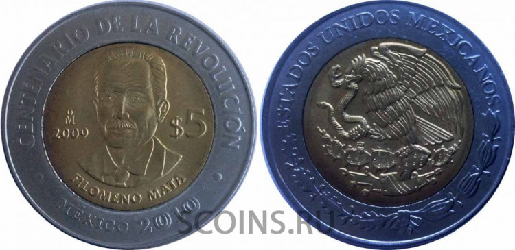 Мексика 5 песо 2009 "100-летие Революции, Филомено Мата (Filomeno Mata)."