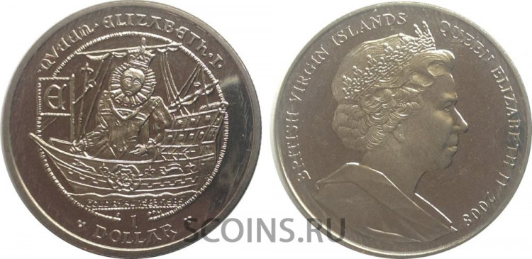 Британские Виргинские острова 1 доллар 2008 Елизавета I (кораблик)