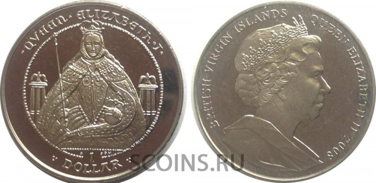 Британские Виргинские острова 1 доллар 2008 Елизавета I (королева на троне)