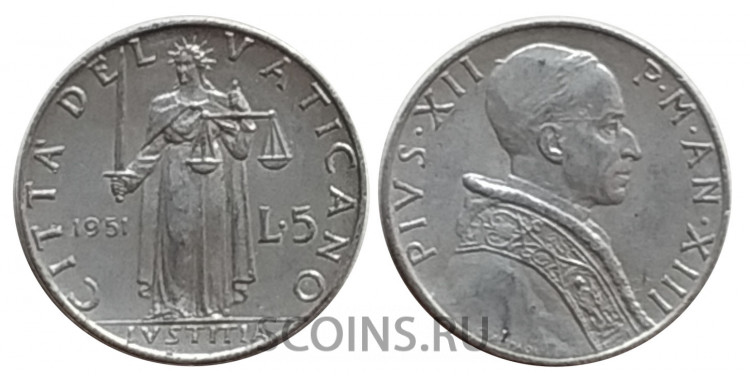 Ватикан 5 лир 1951